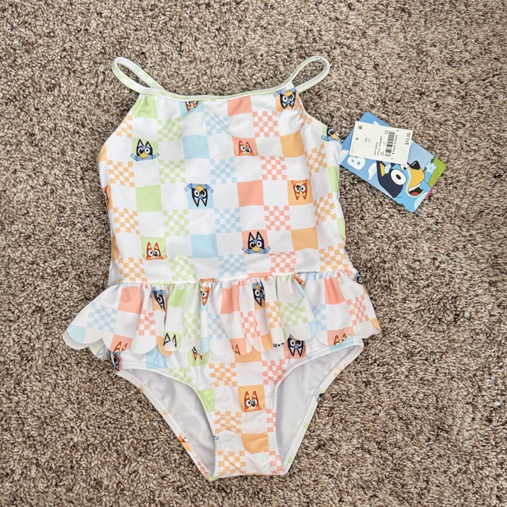 Girls' Pastel Checker One-Piece Swimsuit with Ruffle